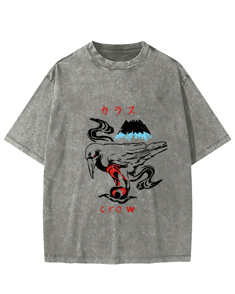 Retro Crow Pattern Vintage Distressed T-shirt-Zazasy