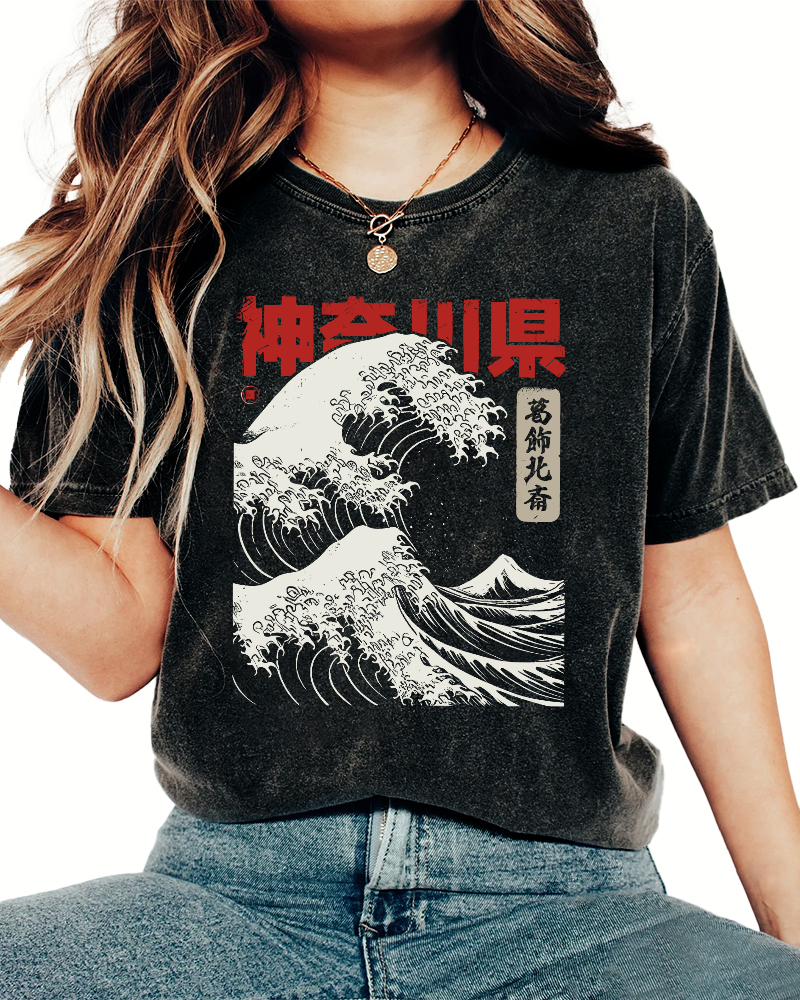 Shennai Giant Wave Vintage Washed T-shirt-Zazasy