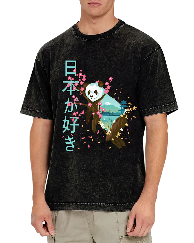 Cute Panda Japanese Style Vintage Washed T-shirt-Zazasy