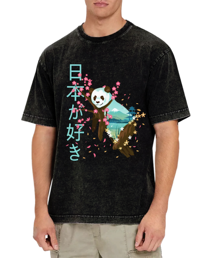 Cute Panda Japanese Style Vintage Washed T-shirt-Zazasy