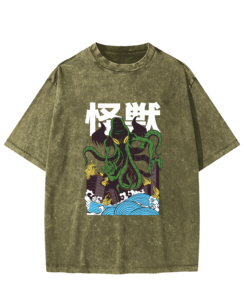Japanese Octopus Pattern Vintage Distressed T-shirt-Zazasy