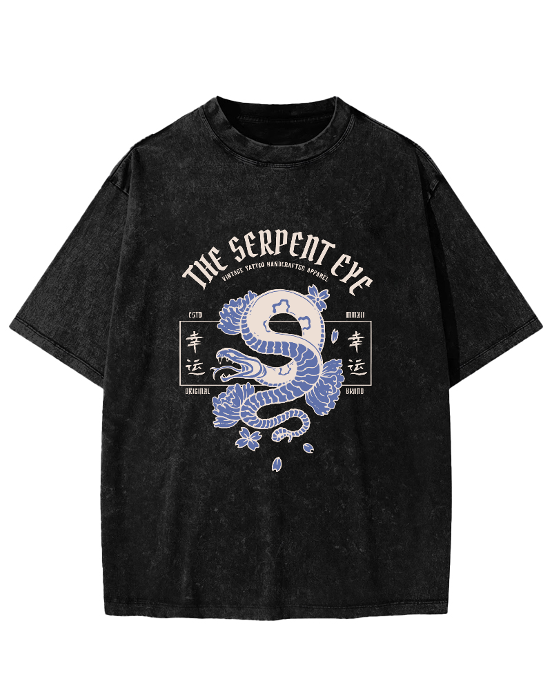 Japanese Lucky Snake Pattern Vintage Distressed T-shirt-Zazasy