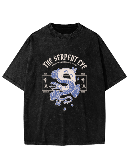 Japanese Lucky Snake Pattern Vintage Distressed T-shirt-Zazasy