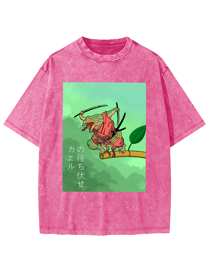 Frog Guardian Japanese Style Vintage Washed T-shirt-Zazasy