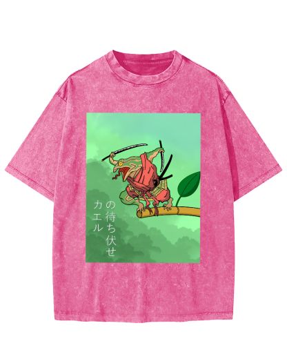 Frog Guardian Japanese Style Vintage Washed T-shirt-Zazasy