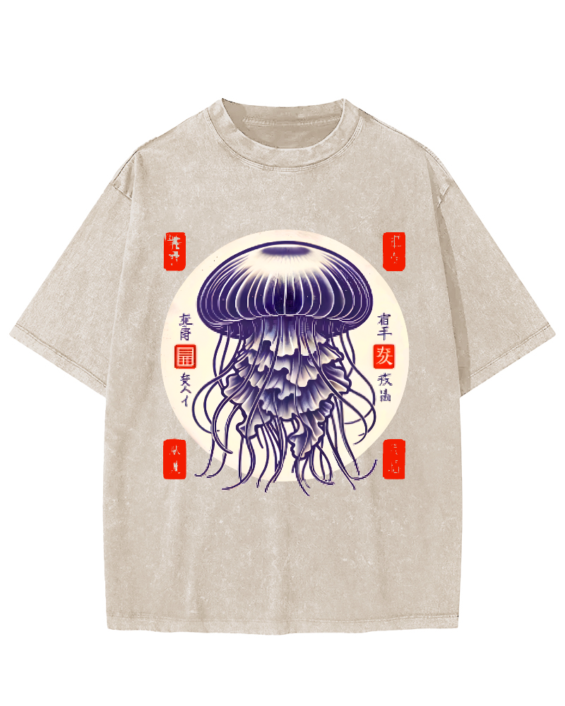 Japanese jellyfish Vintage Washed T-shirt-Zazasy