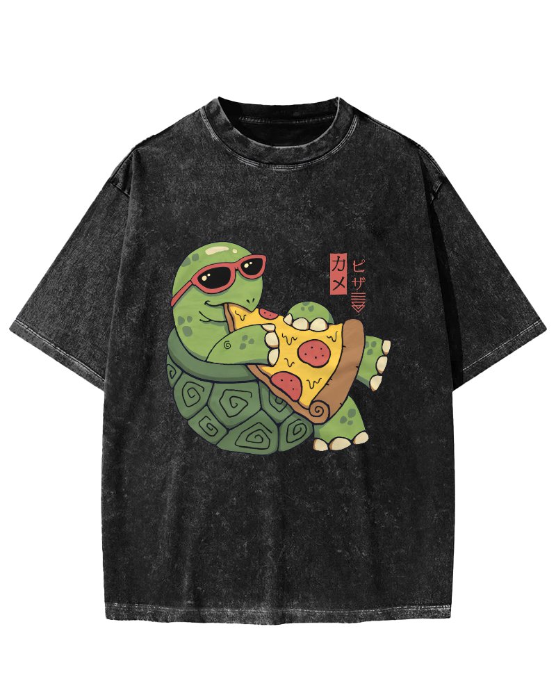 Turtle Japanese Style Pizza Lover Vintage Distressed T-shirt-Zazasy