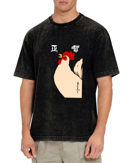 Japanese Script Chicken Pattern Vintage Distressed T-shirt-Zazasy