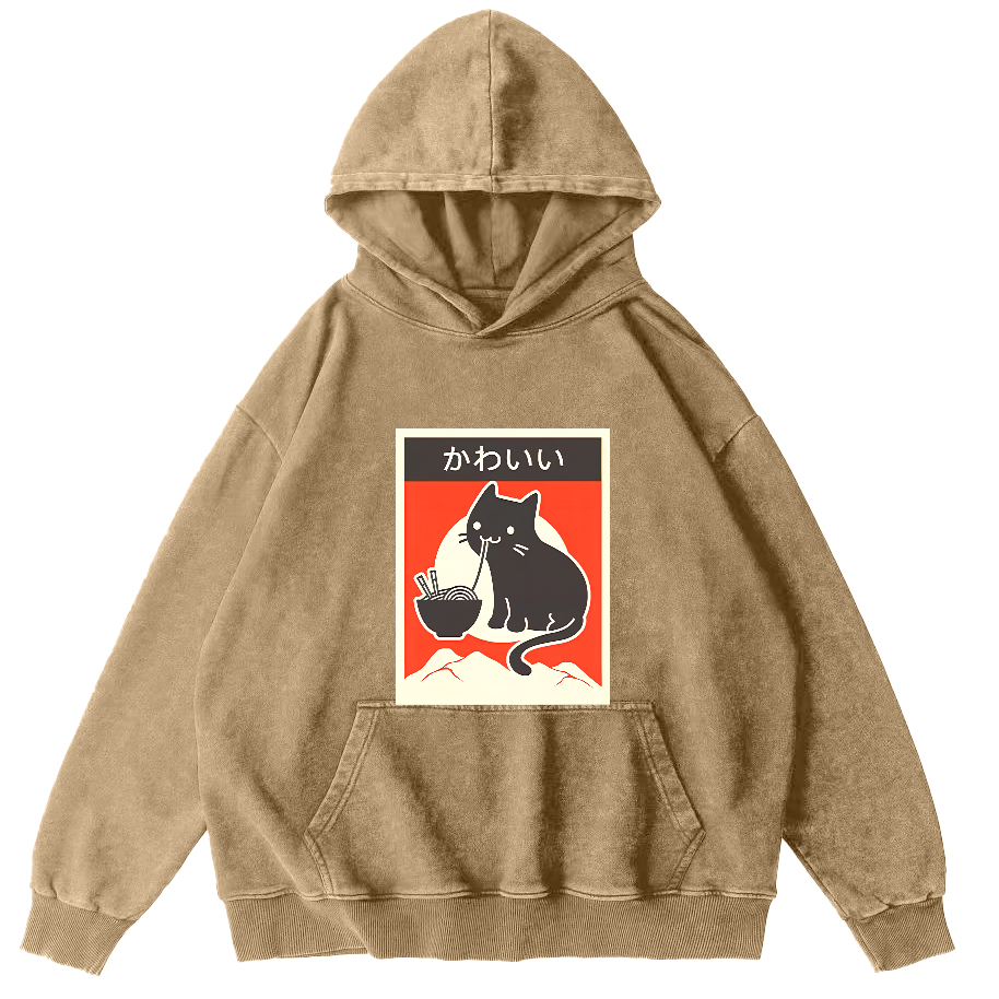 Noodle Loving Cat Patterned Washed Hoodie-Zazasy