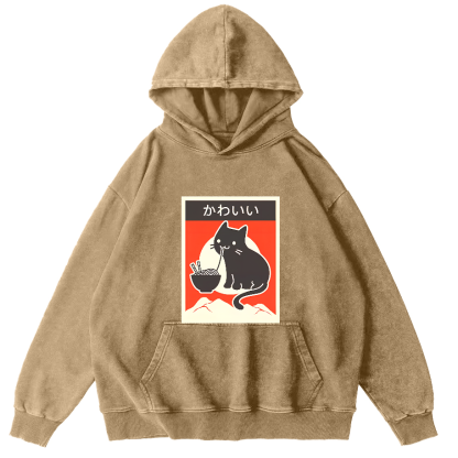 Noodle Loving Cat Patterned Washed Hoodie-Zazasy