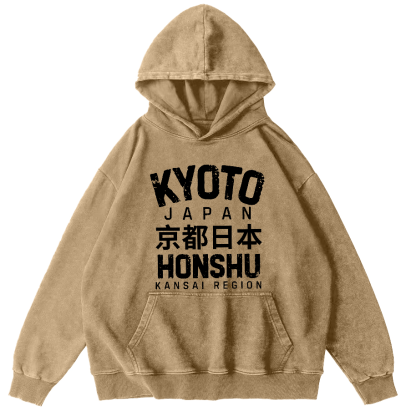 Kyoto, Japan Vintage Fonts Vintage Washed Hoodie-Zazasy