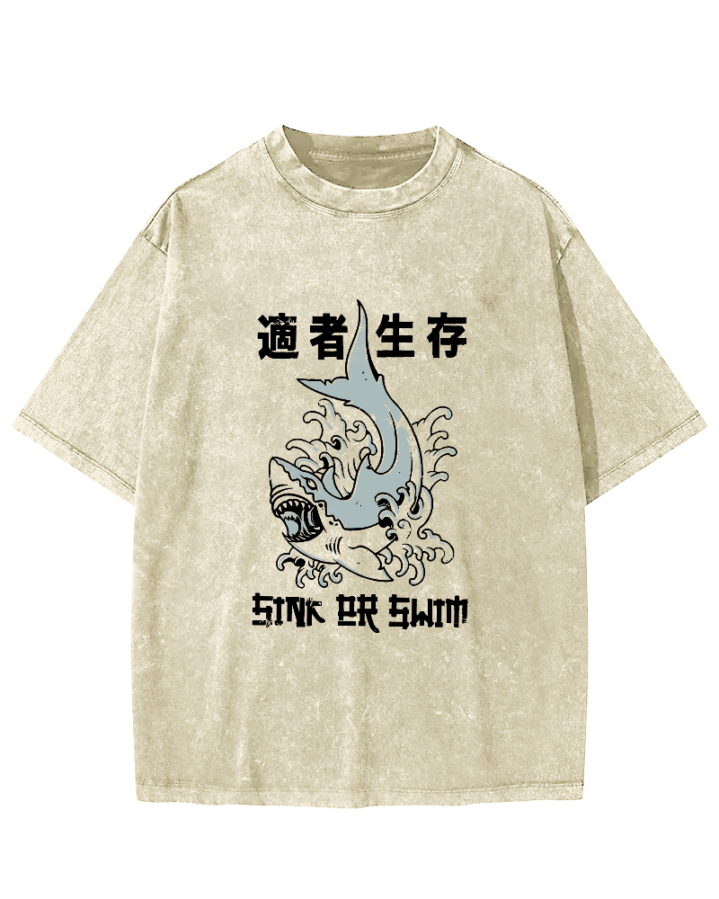 Japanese Script Shark Pattern Vintage Distressed T-shirt-Zazasy
