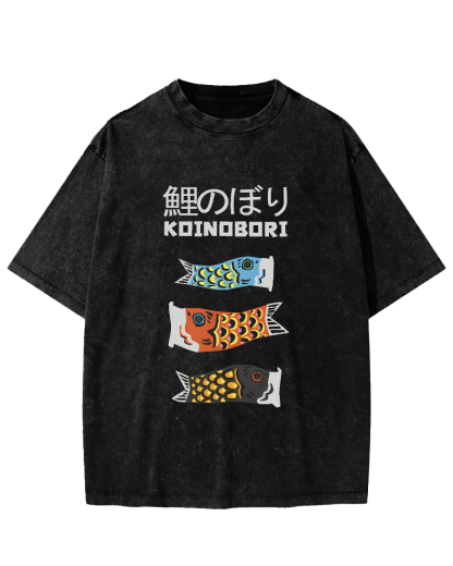 Cartoon Fish Painting Pattern Japanese Style Vintage Distressed T-shirt-Zazasy