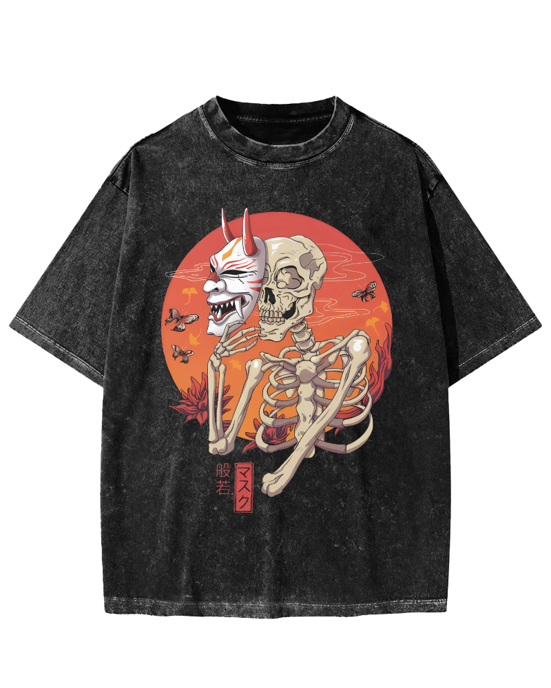 Mask Skeleton Japanese Vintage Distressed T-shirt-Zazasy