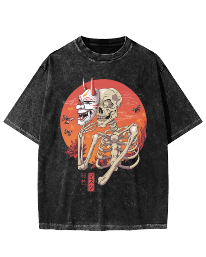 Mask Skeleton Japanese Vintage Distressed T-shirt-Zazasy