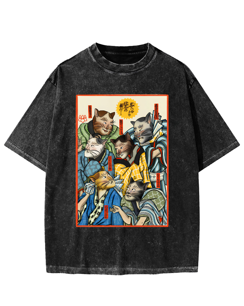 Japanese Samurai Cat Vintage Washed T-shirt-Zazasy