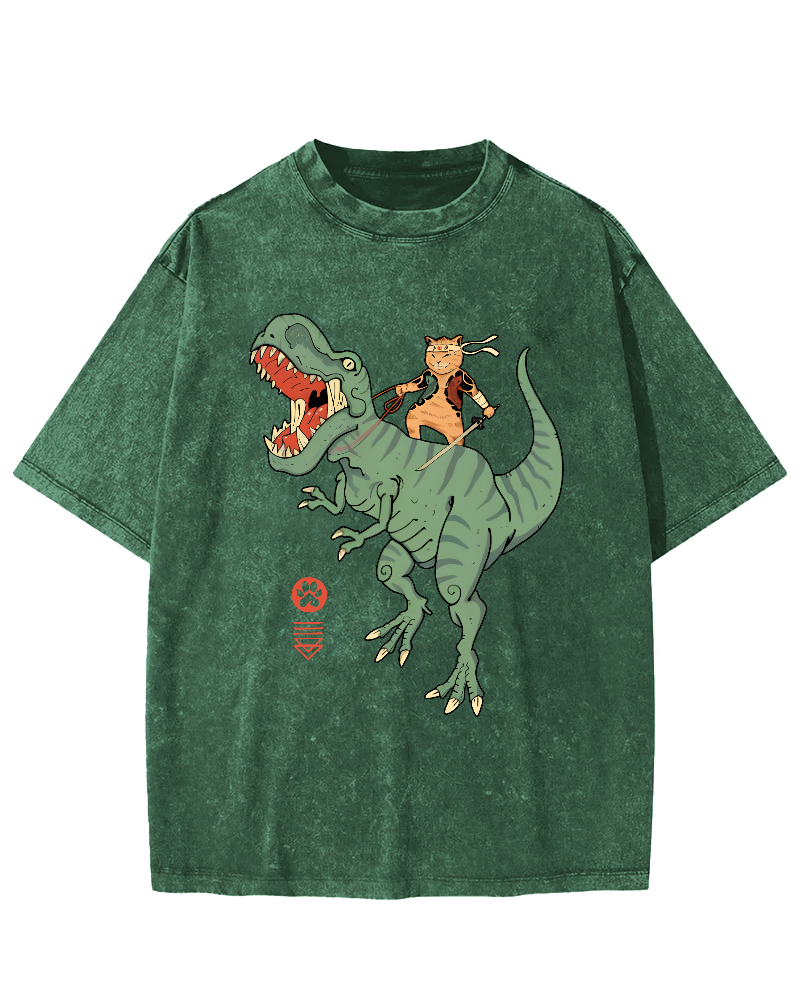 Japanese Style Warrior Cat Riding a Dinosaur Vintage Distressed T-shirt-Zazasy