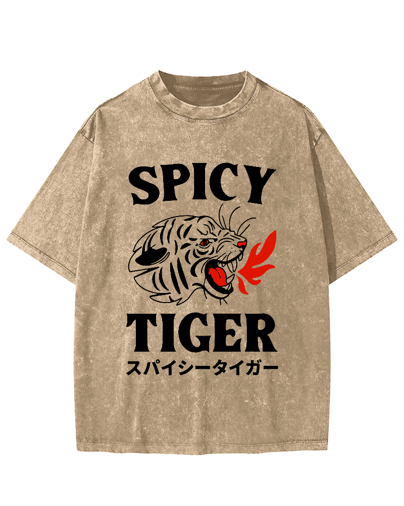 Eating Too Spicy Tiger Japanese Style Food Vintage Washed T-shirt-Zazasy