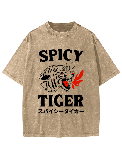 Eating Too Spicy Tiger Japanese Style Food Vintage Washed T-shirt-Zazasy