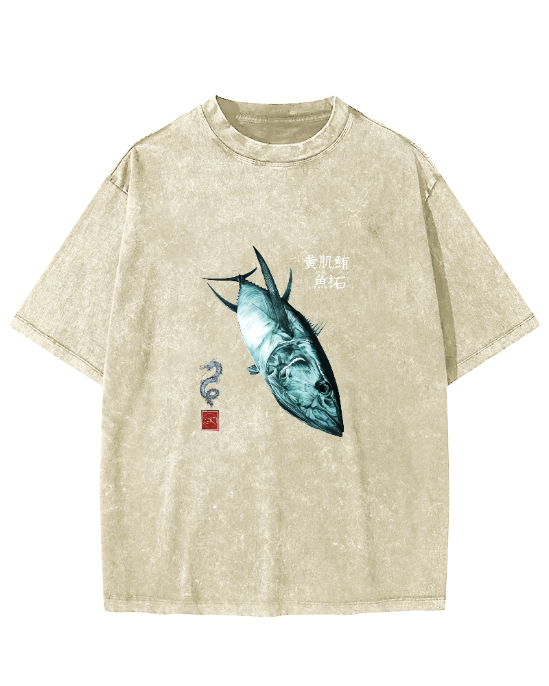 Japanese Tuna Pattern Vintage Distressed T-shirt-Zazasy