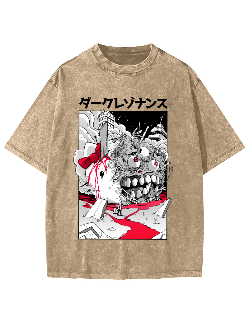 Japanese Abstract Cartoon Monsters Vintage Distressed T-shirt-Zazasy