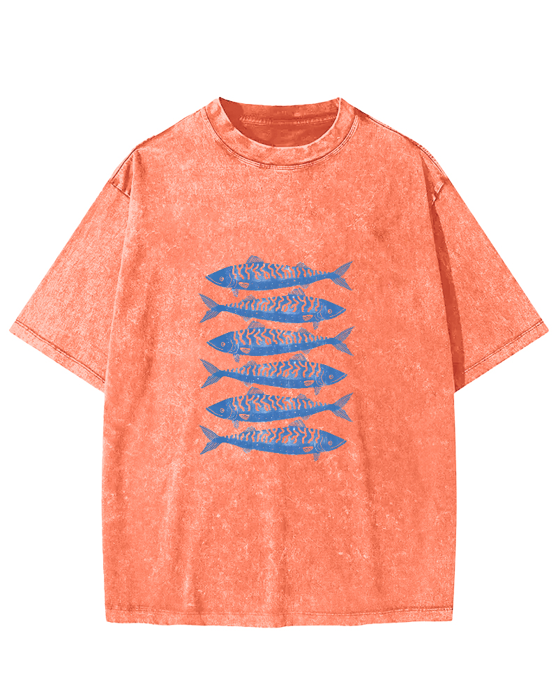 Retro Sea Fish Pattern Vintage Distressed T-shirt-Zazasy