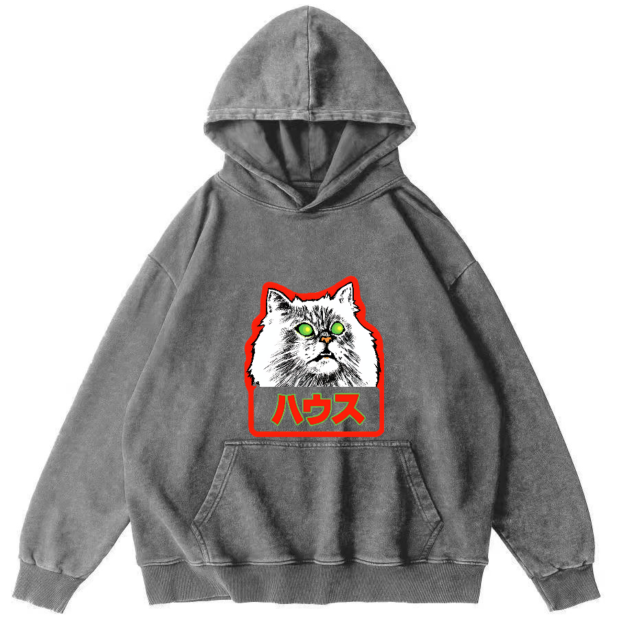 Residential White Cat Japanese Washed Hoodie-Zazasy