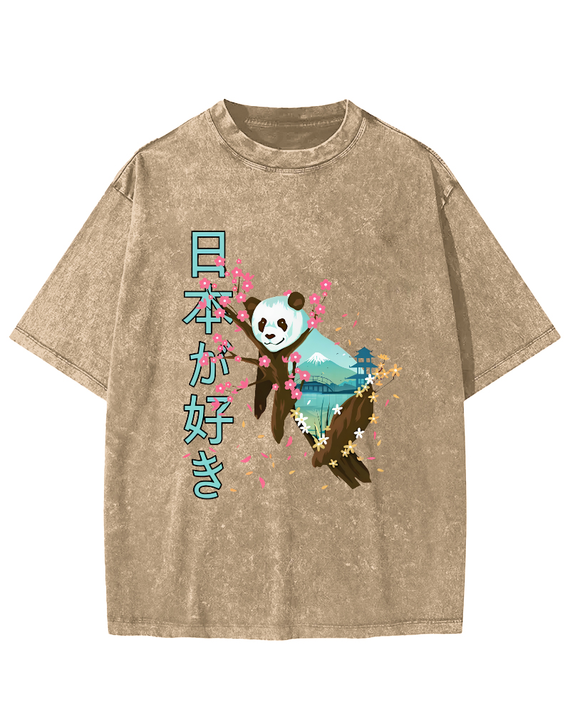 Cute Panda Japanese Style Vintage Washed T-shirt-Zazasy