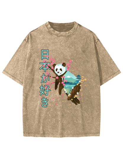 Cute Panda Japanese Style Vintage Washed T-shirt-Zazasy