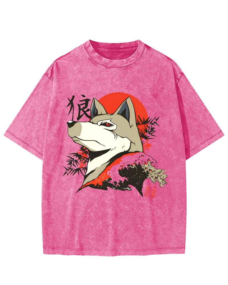 Cartoon Wolf Pattern Japanese Style Vintage Distressed T-shirt-Zazasy