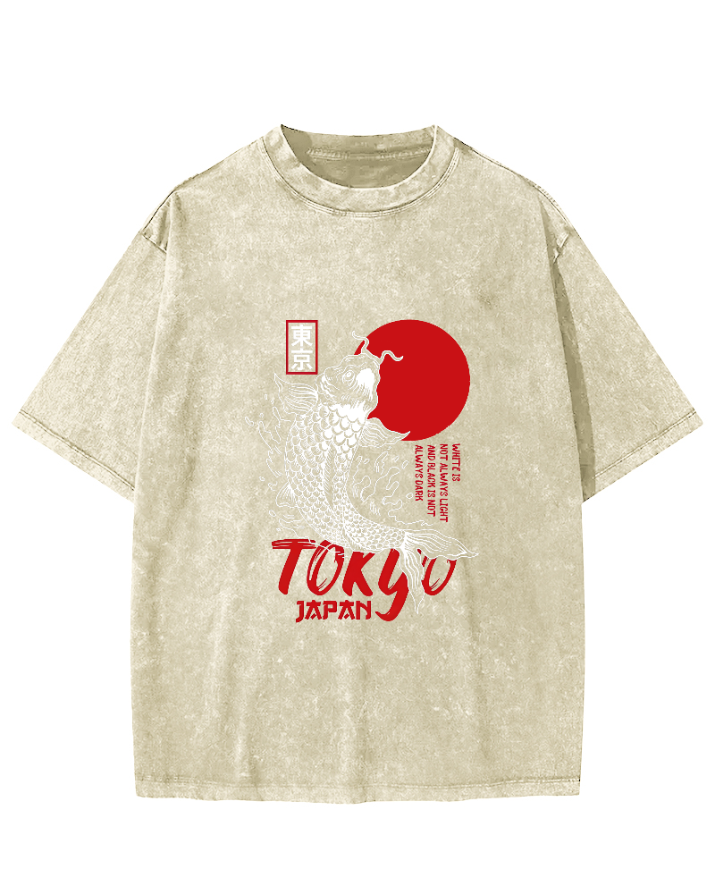 Japanese Script Koi Pattern Vintage Distressed T-shirt-Zazasy
