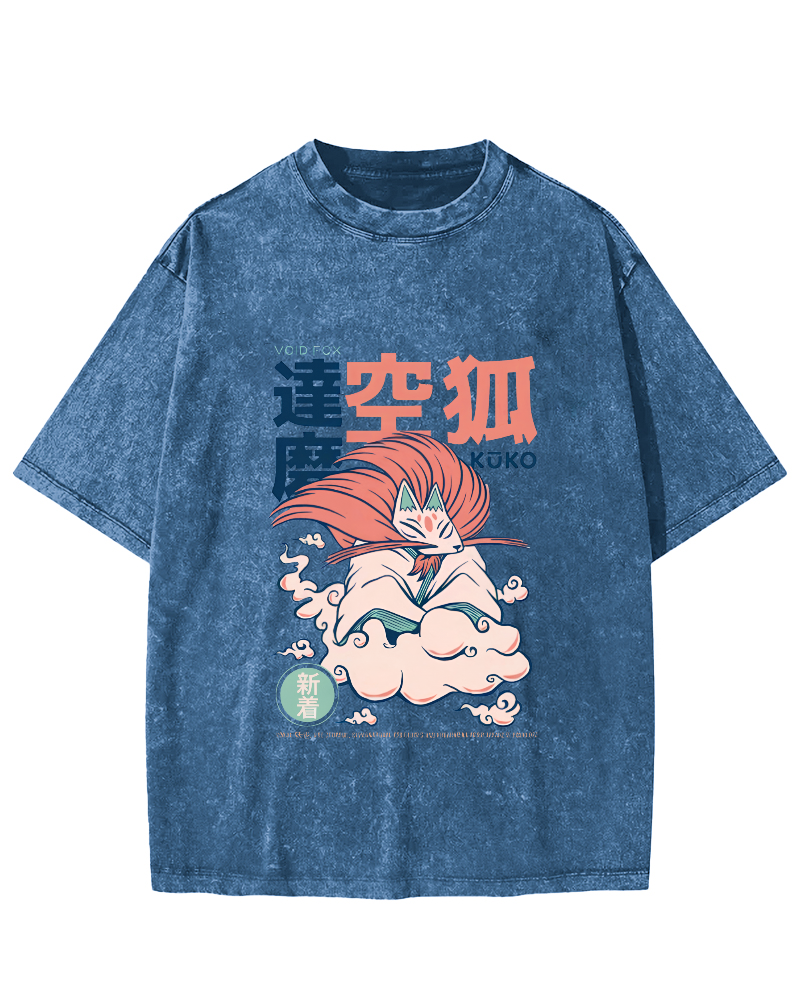 Japanese Abstract And Personalized Fox Pattern Vintage Distressed T-shirt-Zazasy