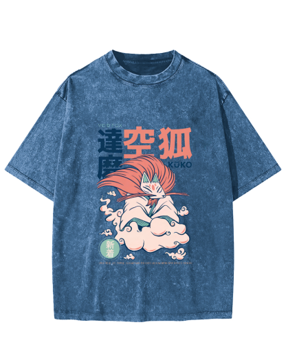 Japanese Abstract And Personalized Fox Pattern Vintage Distressed T-shirt-Zazasy