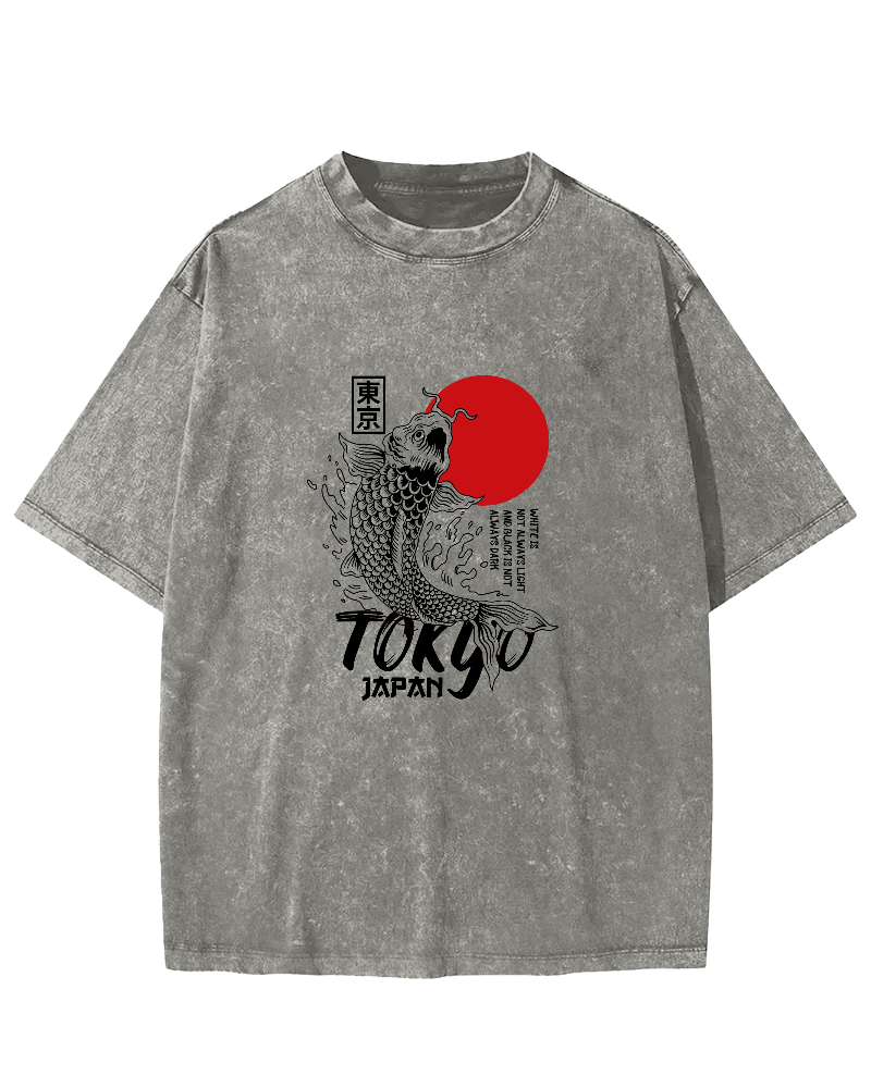 Tokyo Koi Pattern Vintage Distressed T-shirt-Zazasy