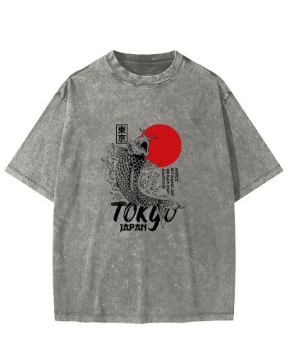 Tokyo Koi Pattern Vintage Distressed T-shirt-Zazasy