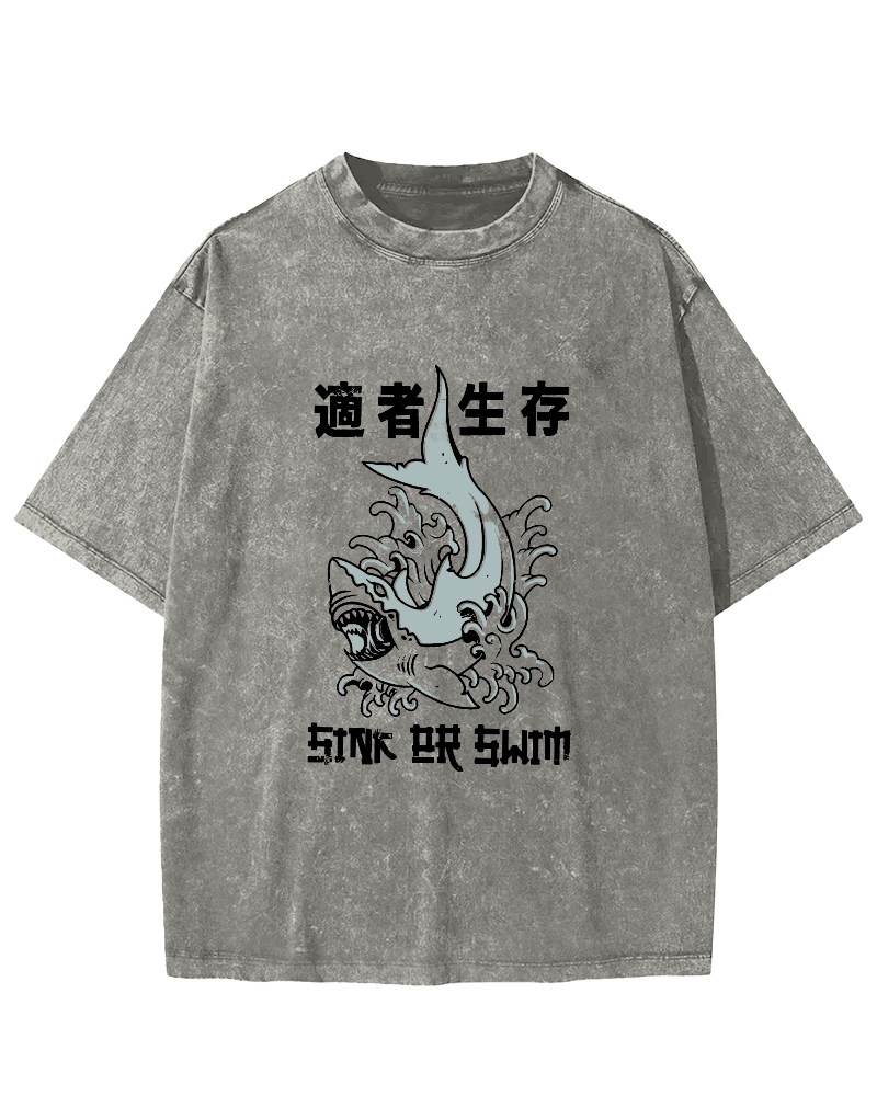 Japanese Script Shark Pattern Vintage Distressed T-shirt-Zazasy