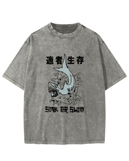 Japanese Script Shark Pattern Vintage Distressed T-shirt-Zazasy