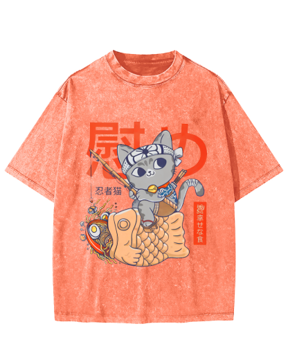 The Ninja Cat Comforting the Fish Vintage Washed T-shirt-Zazasy