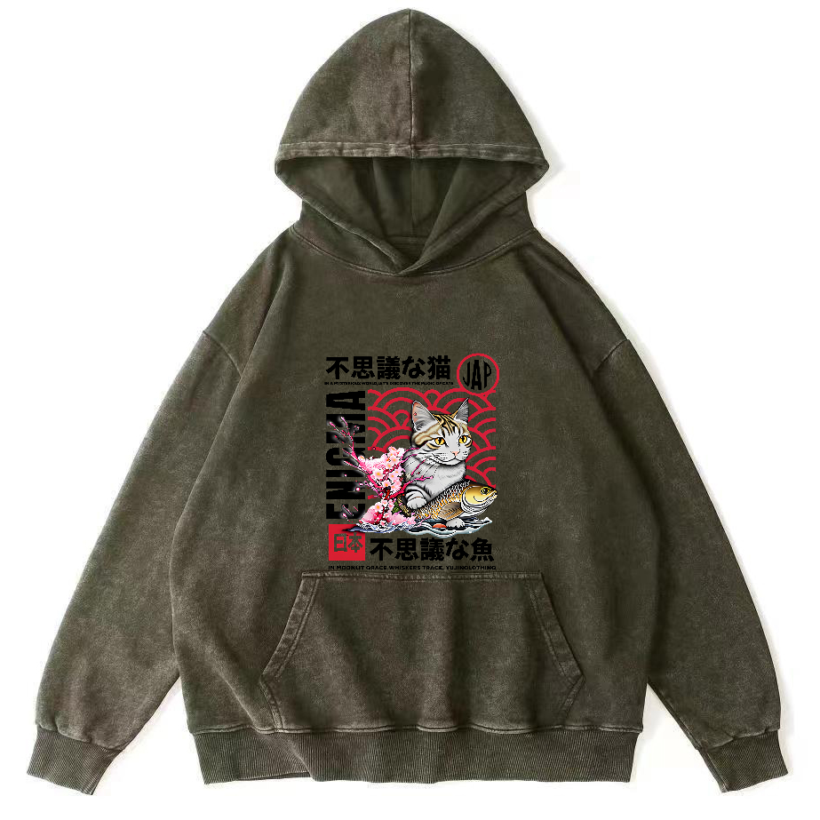 Japanese Cat Pattern Vintage Distressed Hoodie-Zazasy