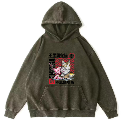 Japanese Cat Pattern Vintage Distressed Hoodie-Zazasy
