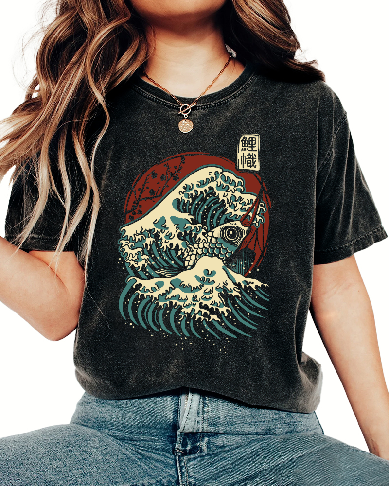 Koi Fish Wave Japanese Style Vintage Washed T-shirt-Zazasy
