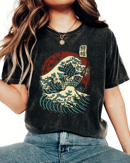 Koi Fish Wave Japanese Style Vintage Washed T-shirt-Zazasy