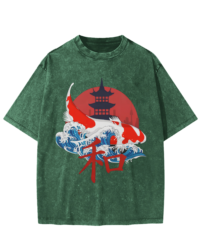 Japanese Style Koi Fish Vintage Distressed T-shirt-Zazasy