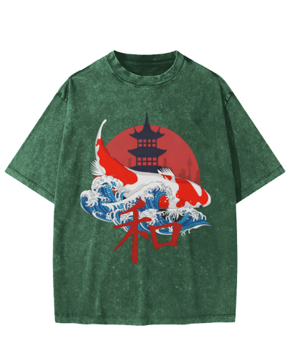 Japanese Style Koi Fish Vintage Distressed T-shirt-Zazasy