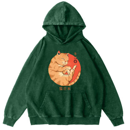 Lazy Japanese Cat Vintage Distressed Hoodie-Zazasy