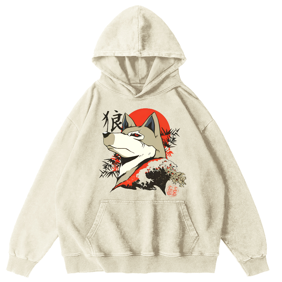 Lone Wolf Japanese Style Vintage Distressed Hoodie-Zazasy