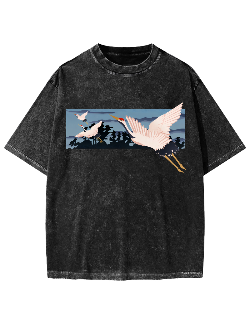 Idle Clouds, Wild Cranes, Japanese Style Vintage Washed T-shirt-Zazasy