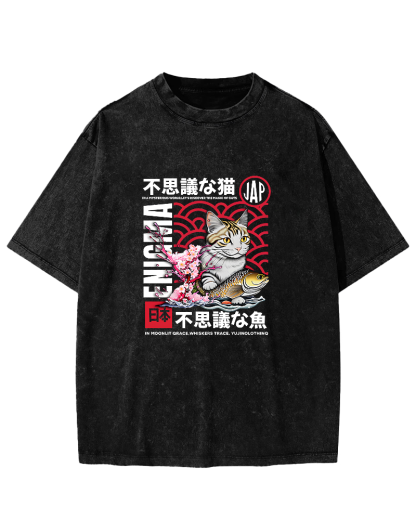 Japanese Cat Pattern Vintage Distressed T-shirt-Zazasy
