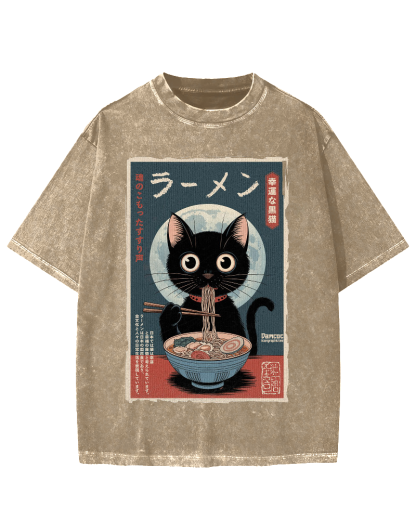 Black Cat Eating Ramen Vintage Washed T-shirt
