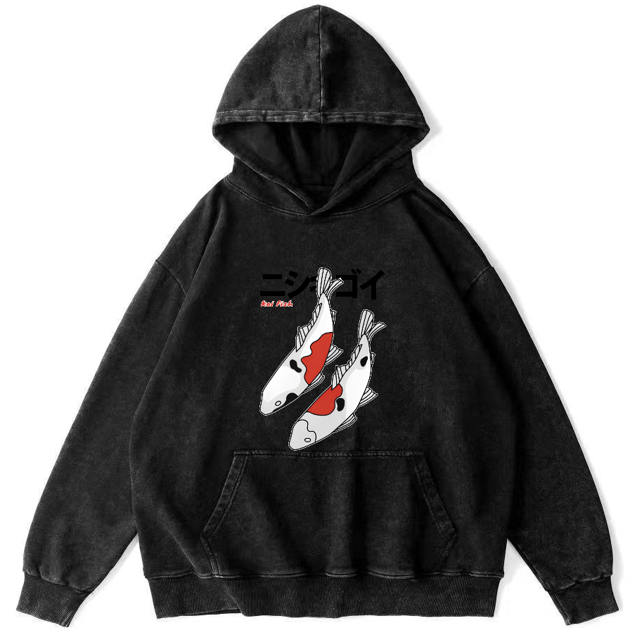 Koi Painting Pattern Japanese Style Vintage Distressed Hoodie-Zazasy